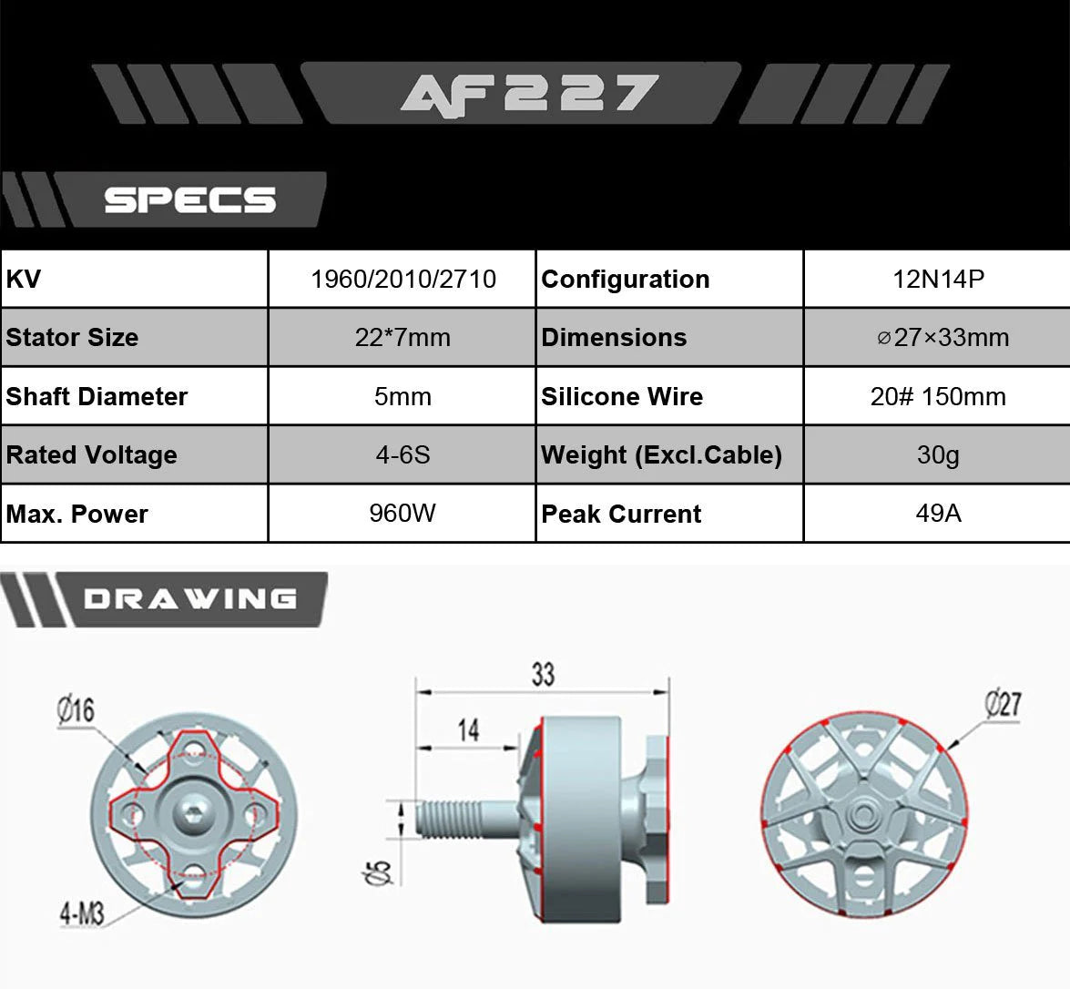 Axisflying AF227 Brushless Motors (2710kv) - DroneDynamics.ca