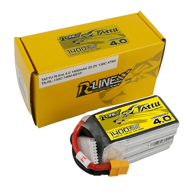 Tattu R-Line Version 4.0 1400mAh 22.2V 130C 6S1P Lipo Battery Pack with XT60 Plug - DroneDynamics.ca
